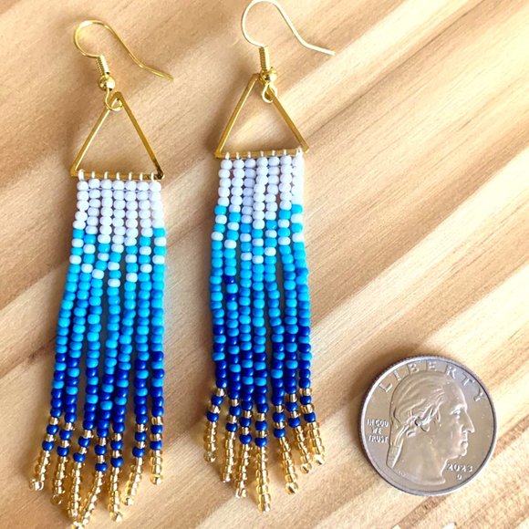 Gradient Colors Gold Triangle Body Hand Beaded Seed Bead Tassel Dangle Earrings - Picture 13 of 15